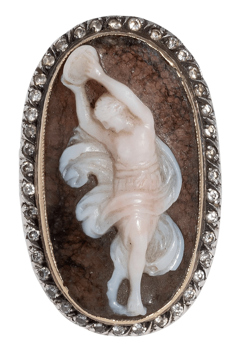 Agate cameo ring with diamonds, 1850s
