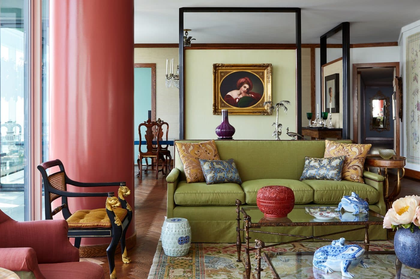 Living room in a Philadelphia apartment decorated by Thomas Jayne with antiques, furniture and art