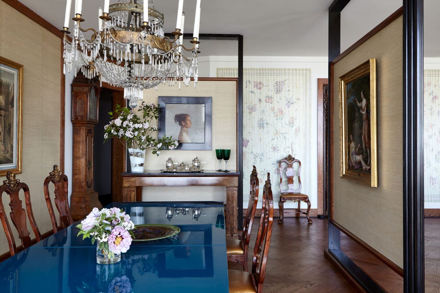 Dining room in a Philadelphia apartment decorated by Thomas Jayne with portrait painting 