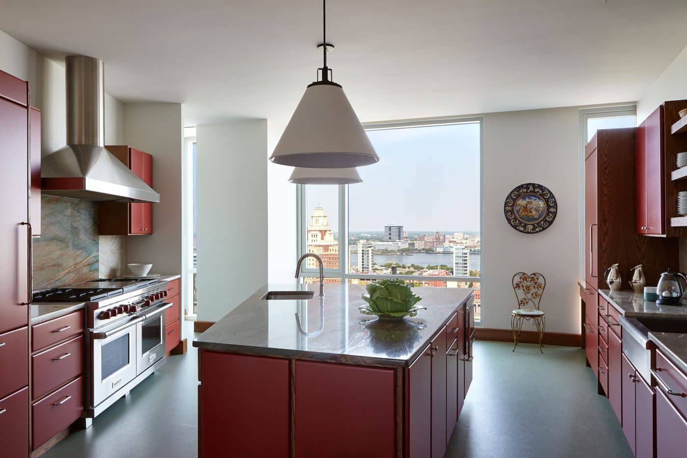 Kitchen designed by Thomas Jayne in  a Philadelphia apartment with city view 