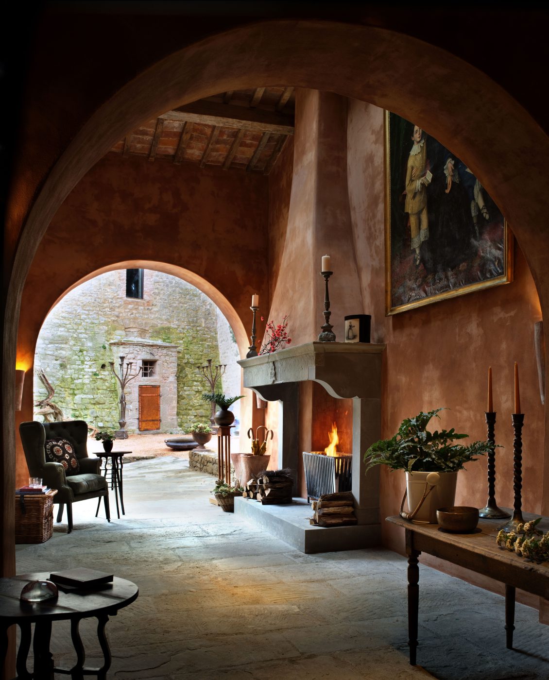 boot room and reception area of the Castello di Reschio hotel