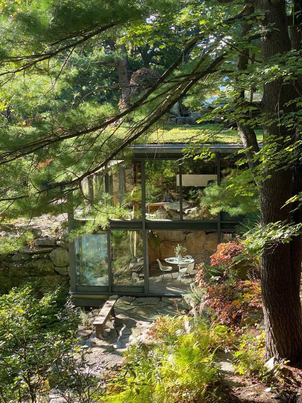 An exterior view of Russel Wright's multilevel, glass-walled house and studio, dubbed Dragon Rock