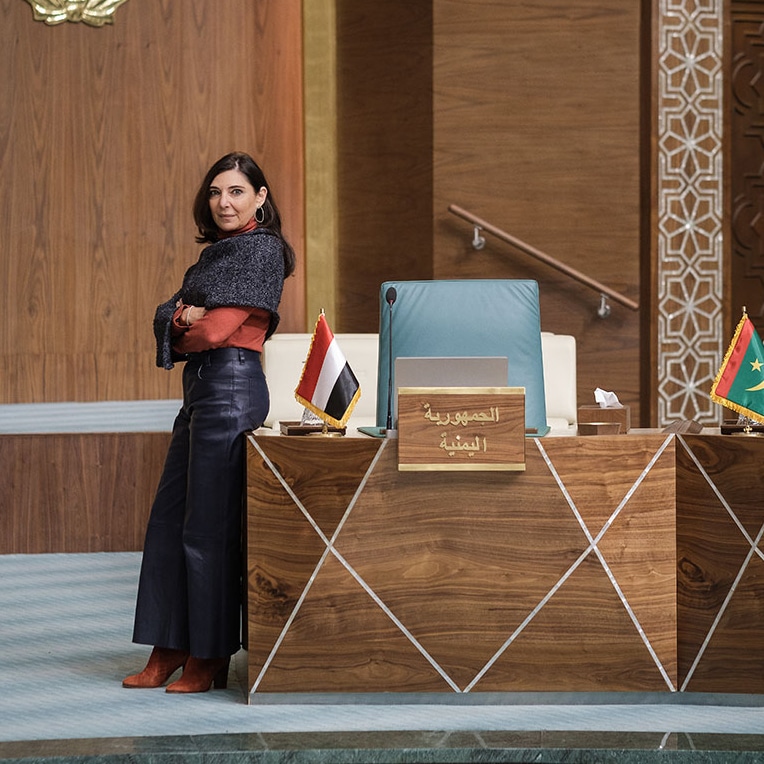 Nada Debs with the furniture she made for the Arab League Hall in Cairo