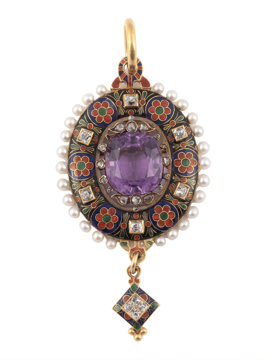 AMETHYST-AND-GOLD PENDANT WITH ENAMEL, DIAMONDS AND NATURAL PEARLS, CA. 1865