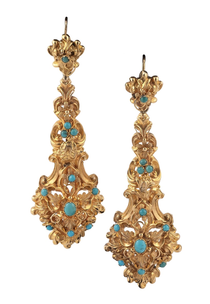 Georgian turquoise-and-gold earrings, 1820s