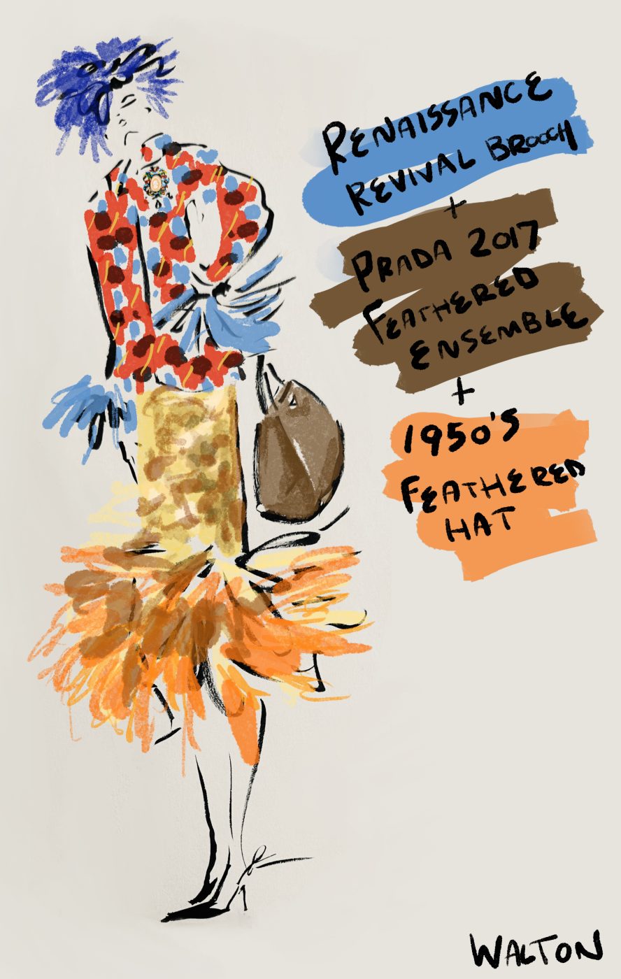 Sketch of a woman in a red patterned long-sleeve shirt with blue feathered cuffs, a cameo brooch, a yellow patterned pencil skirt with yellow-and-orange feathered trim and a blue feathered hat carrying a brown top-handle bag