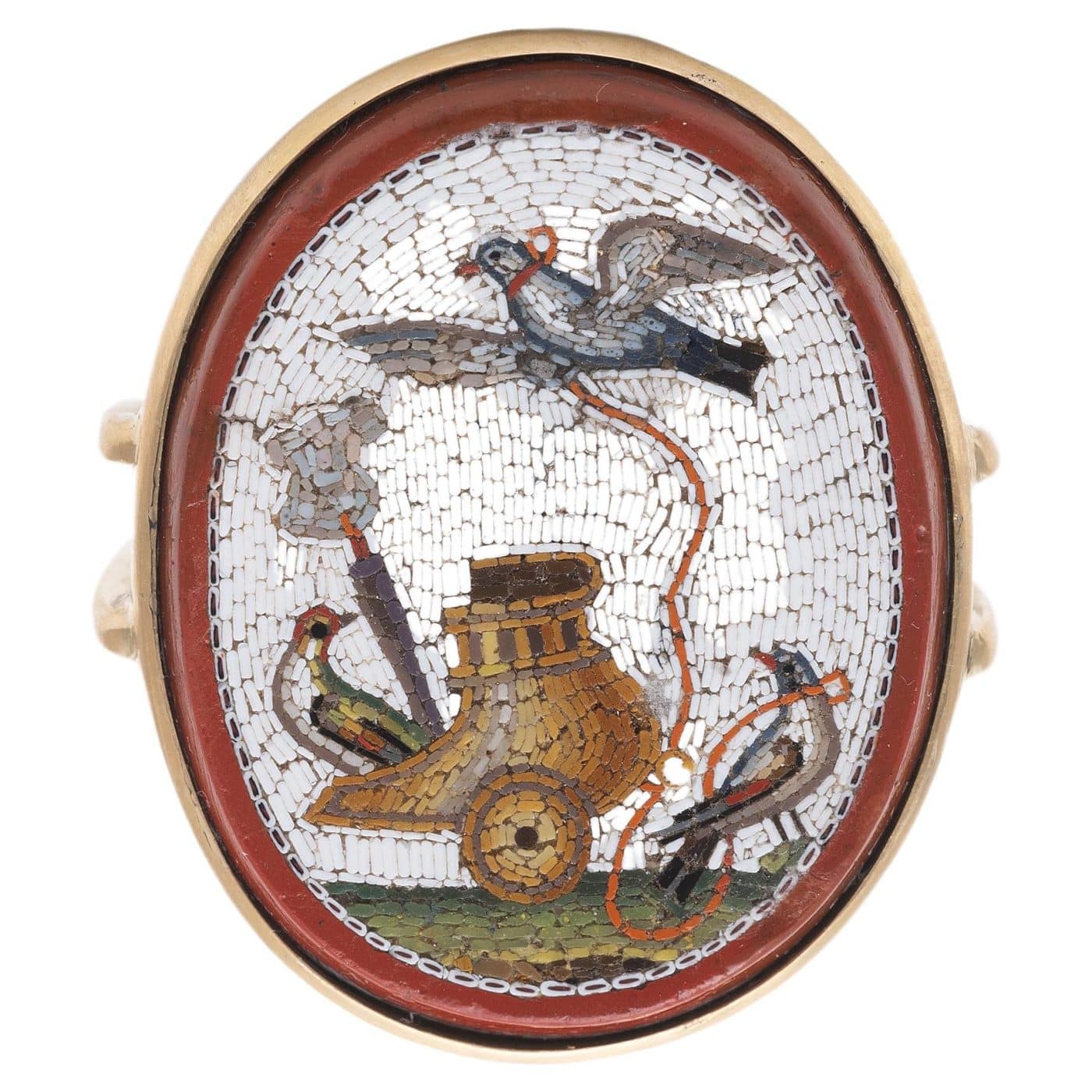 19th-century MICROMOSAIC RING  depicting three birds with a chariot