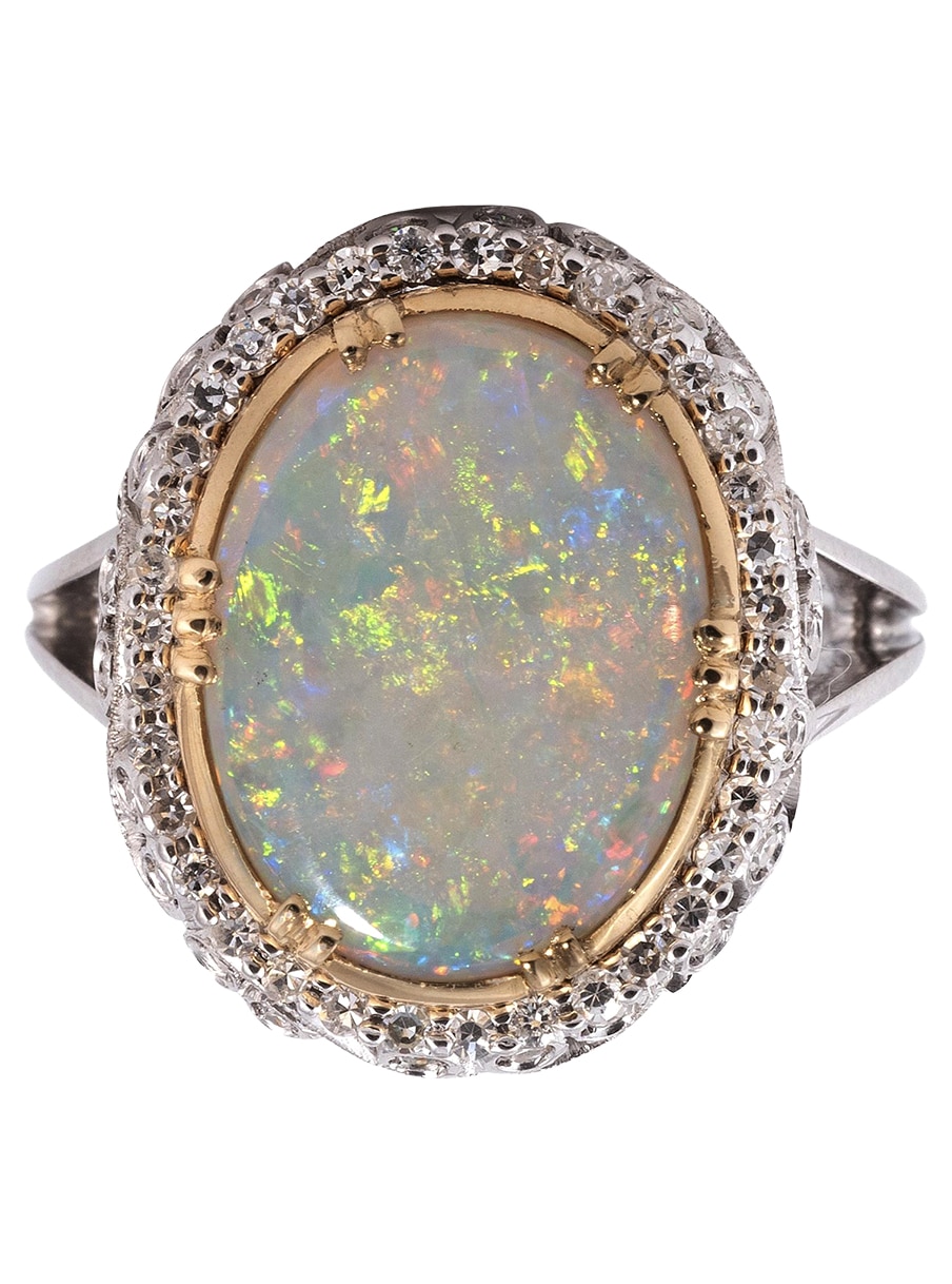OPAL-AND-DIAMOND CLUSTER RING, 1950S