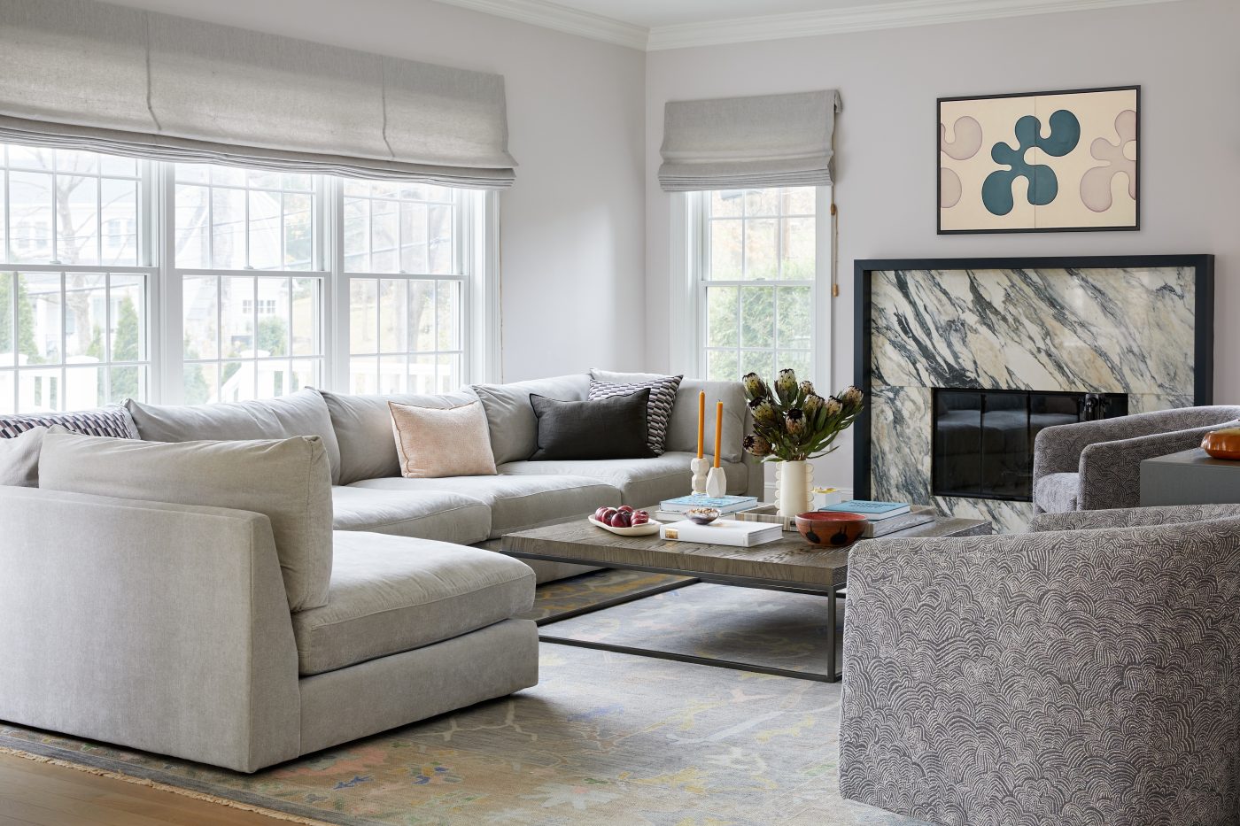The family room of a home designed by Rachel Sloane Interiors in Larchmont, New York