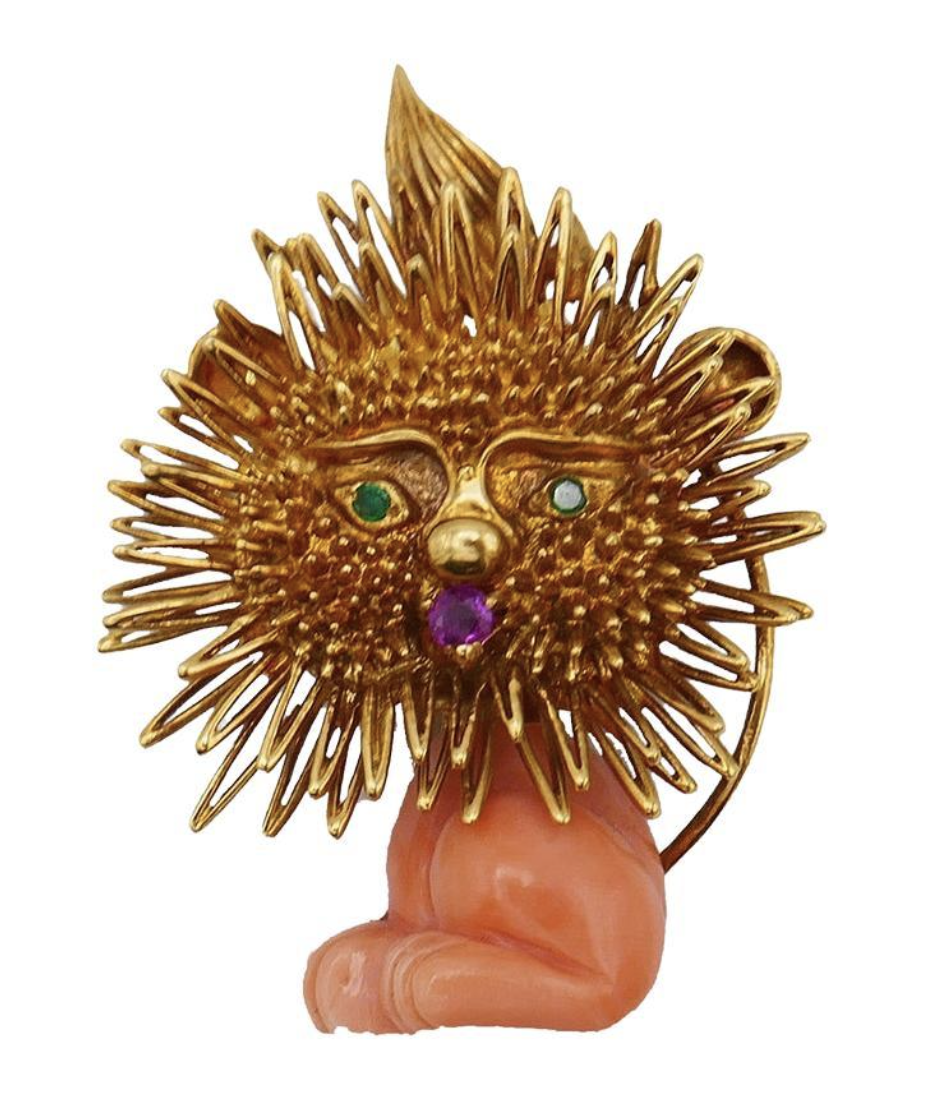 Leo zodiac brooch in coral, emerald and ruby, 1970s