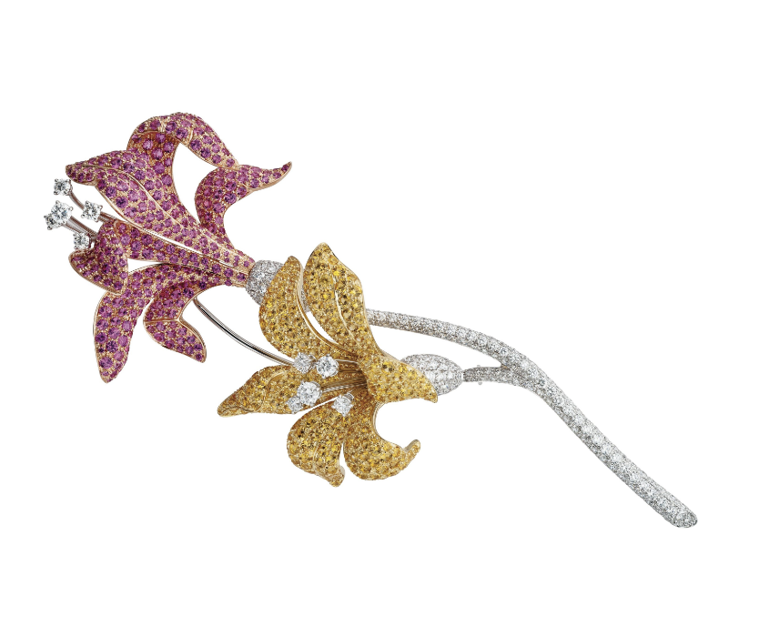 Damiani diamond and sapphire flower brooch, 21st century