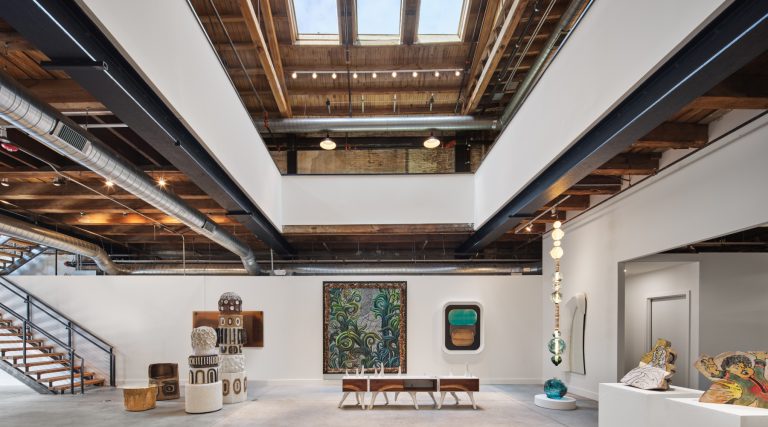 Wexler Gallery's new space in Philadelphia, with a soaring atrium, skylight and timber ceiling