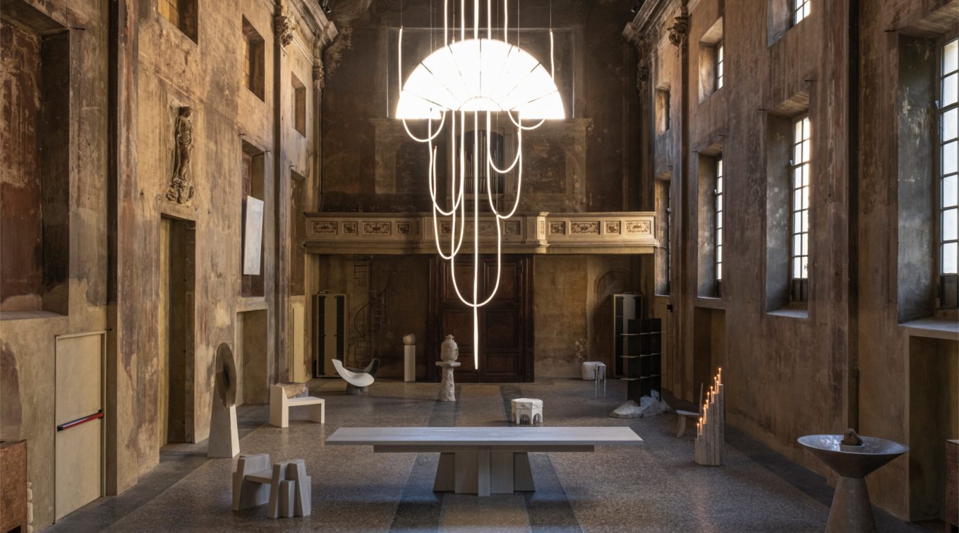 Morghen Studio's Cascade of Light chandelier at Galerie Philia's "Desacralized" exhibition in Milan