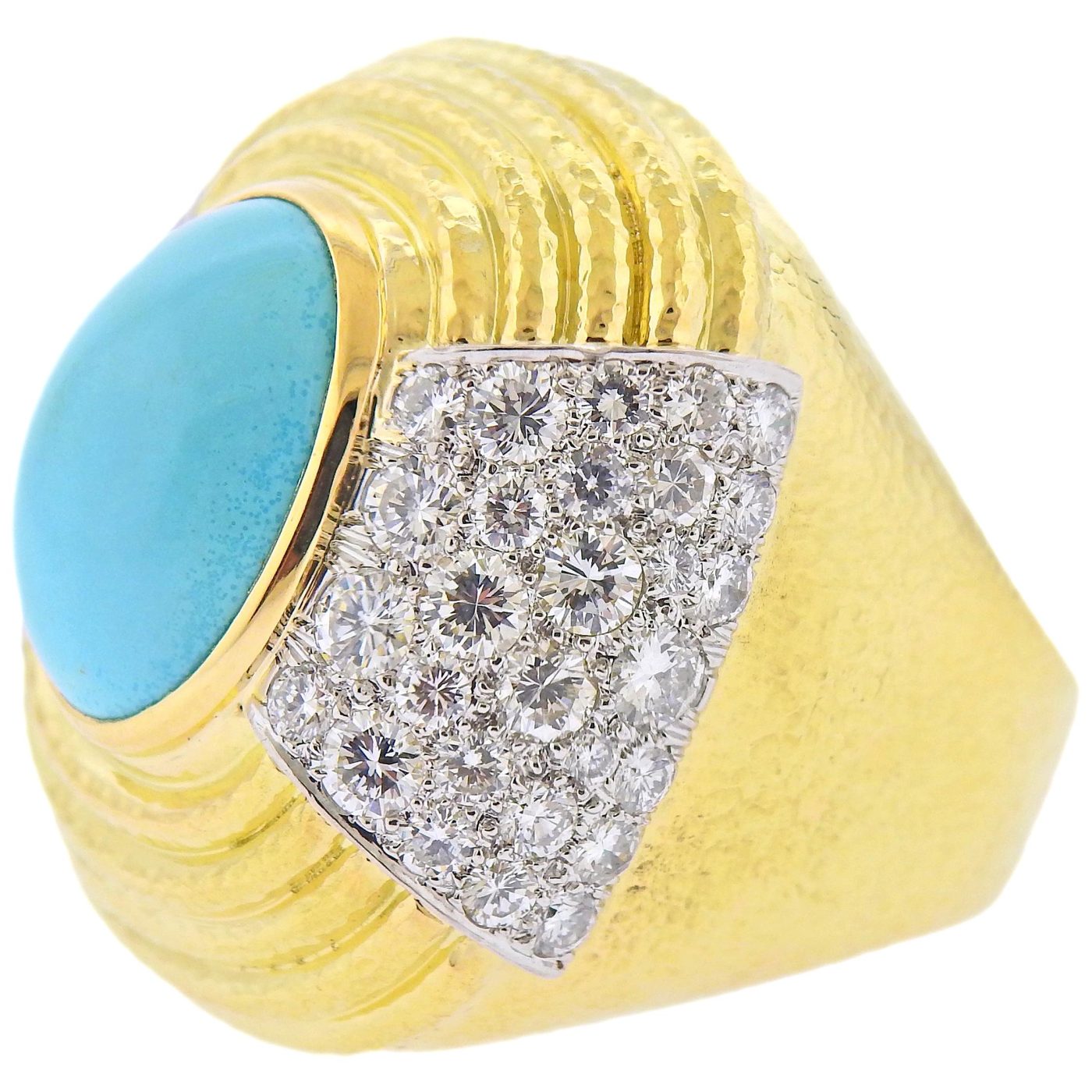 David Webb Gold Platinum Diamond Turquoise Cocktail Ring