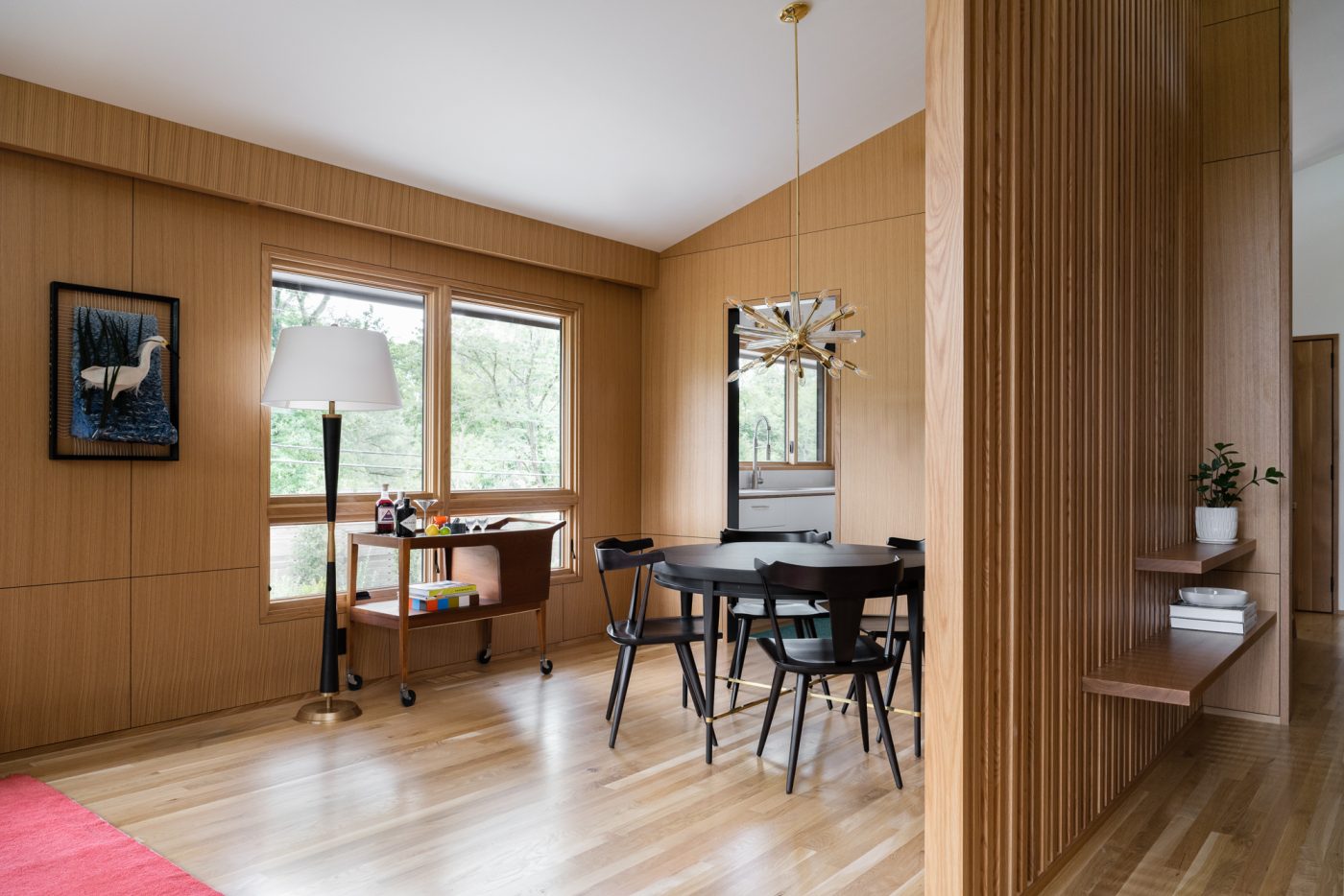 The dining room of a mid-century-modern home designed by Susan Yeley