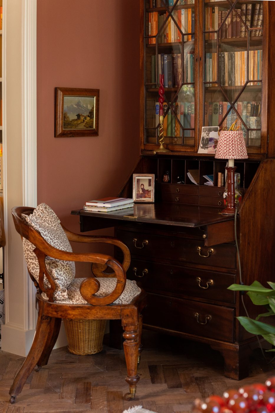 A secretary desk in the living room of Louise Roe's London home