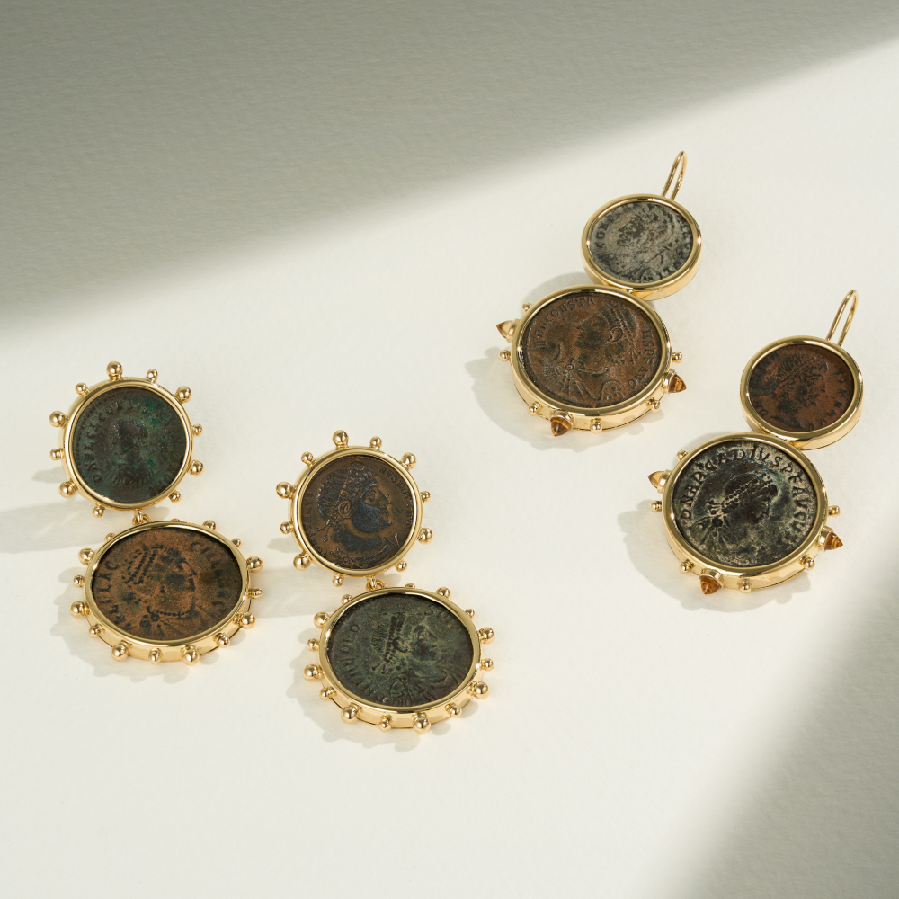 Dubini coin earrings that feature Roman Imperial bronze coins set in yellow gold
