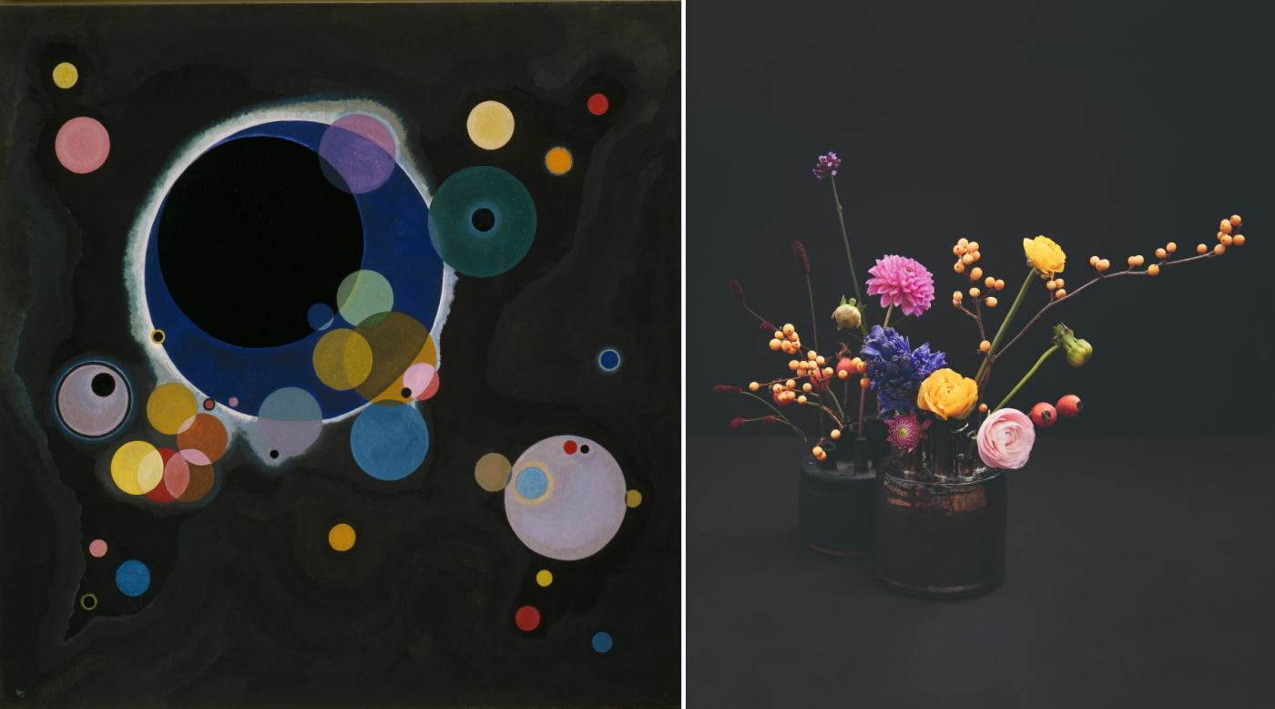 Vasily Kandinsky's painting "Several Circles," 1926, is paired with an asymmetric arrangement of yellow, pink and blue flowers and berries photographed against a dark backdrop