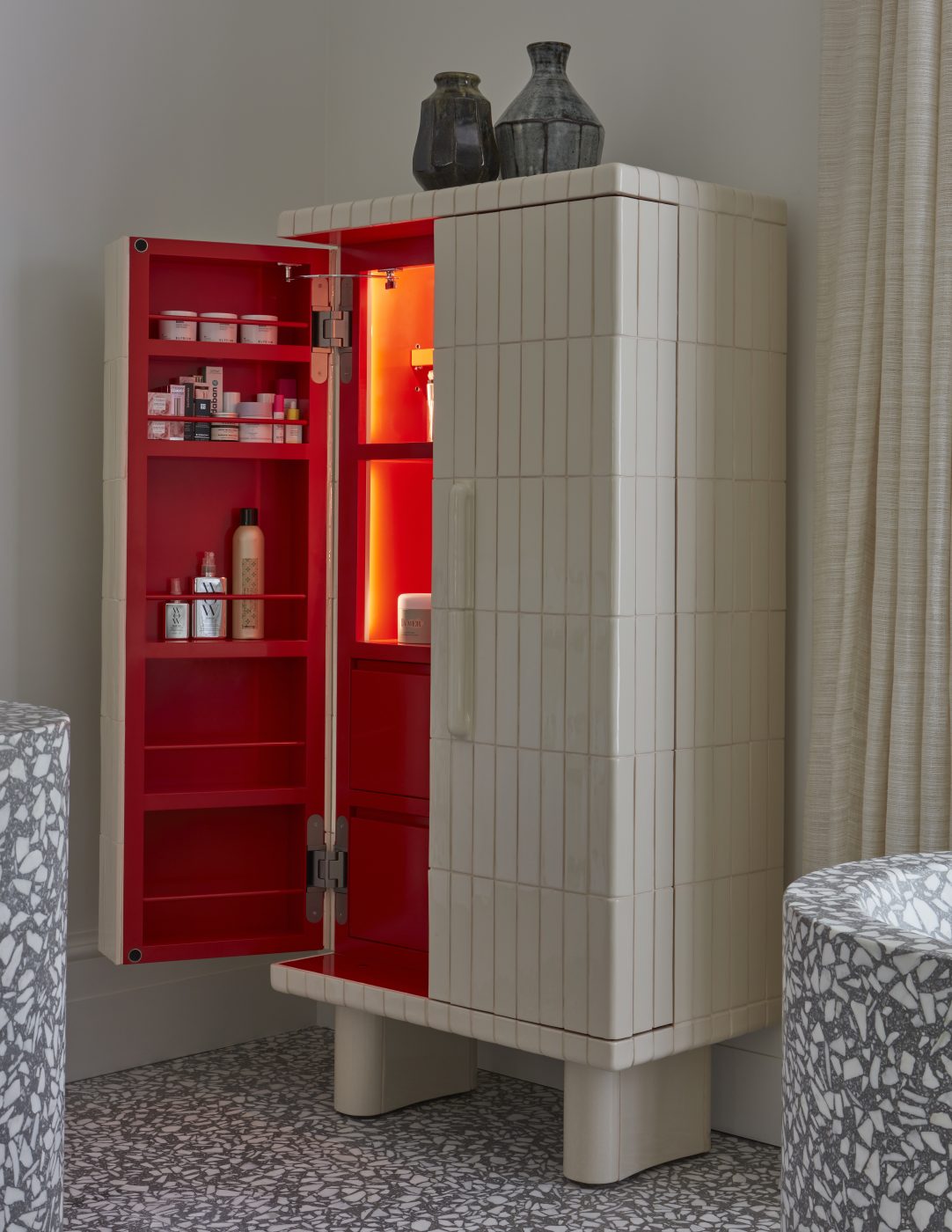 storage cabinet with red interior