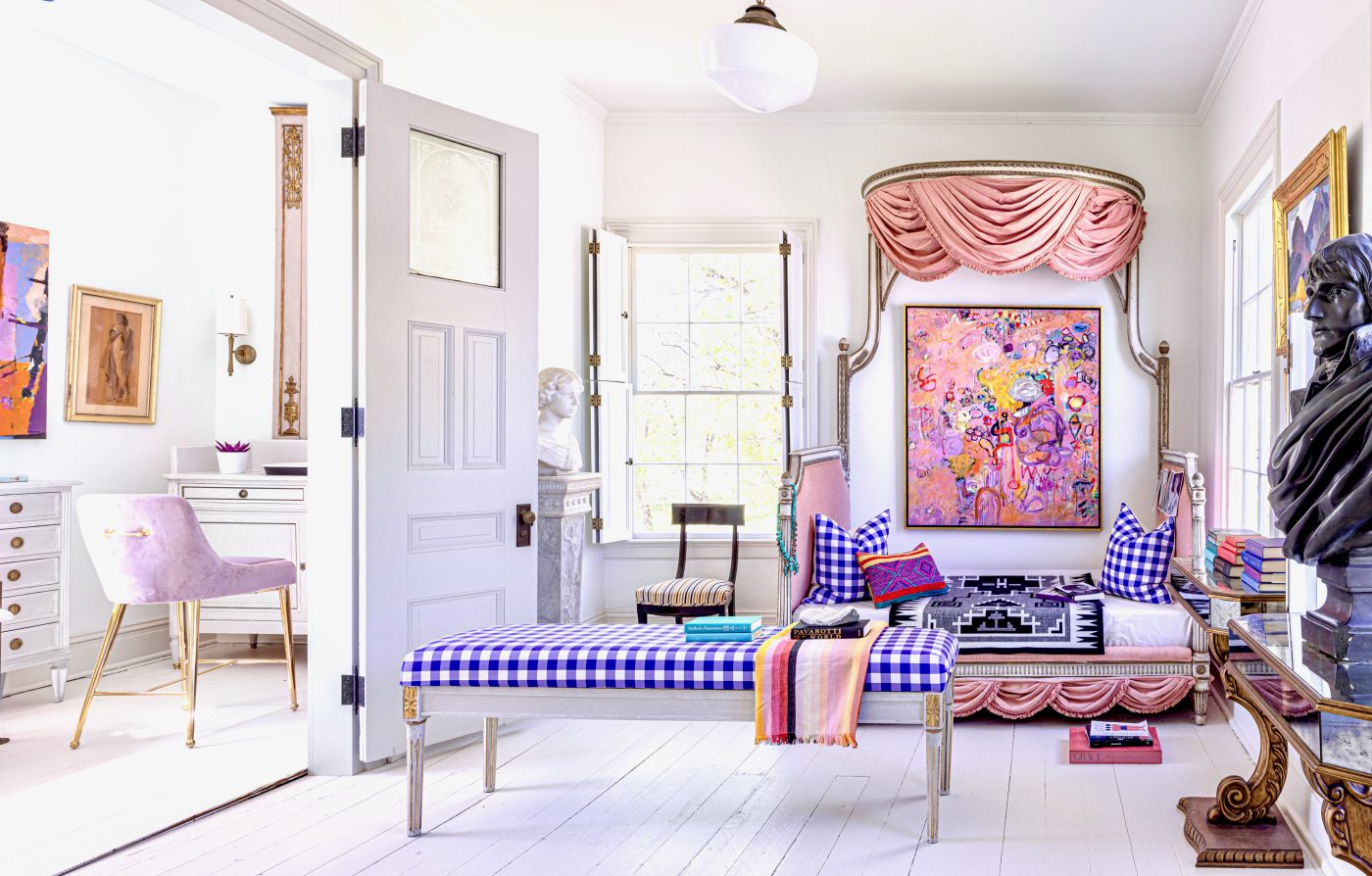 The pink and white lady's drawing room at Aderton, interior designer Kelee Katillac's historic home in Arrow Rock, Missouri