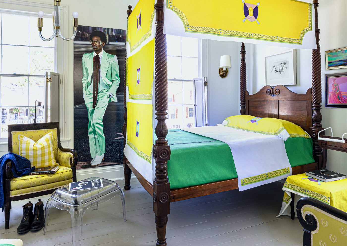 The green-and-yellow gentleman's bedroom at Aderton, interior designer Kelee Katillac's historic home in Arrow Rock, Missouri