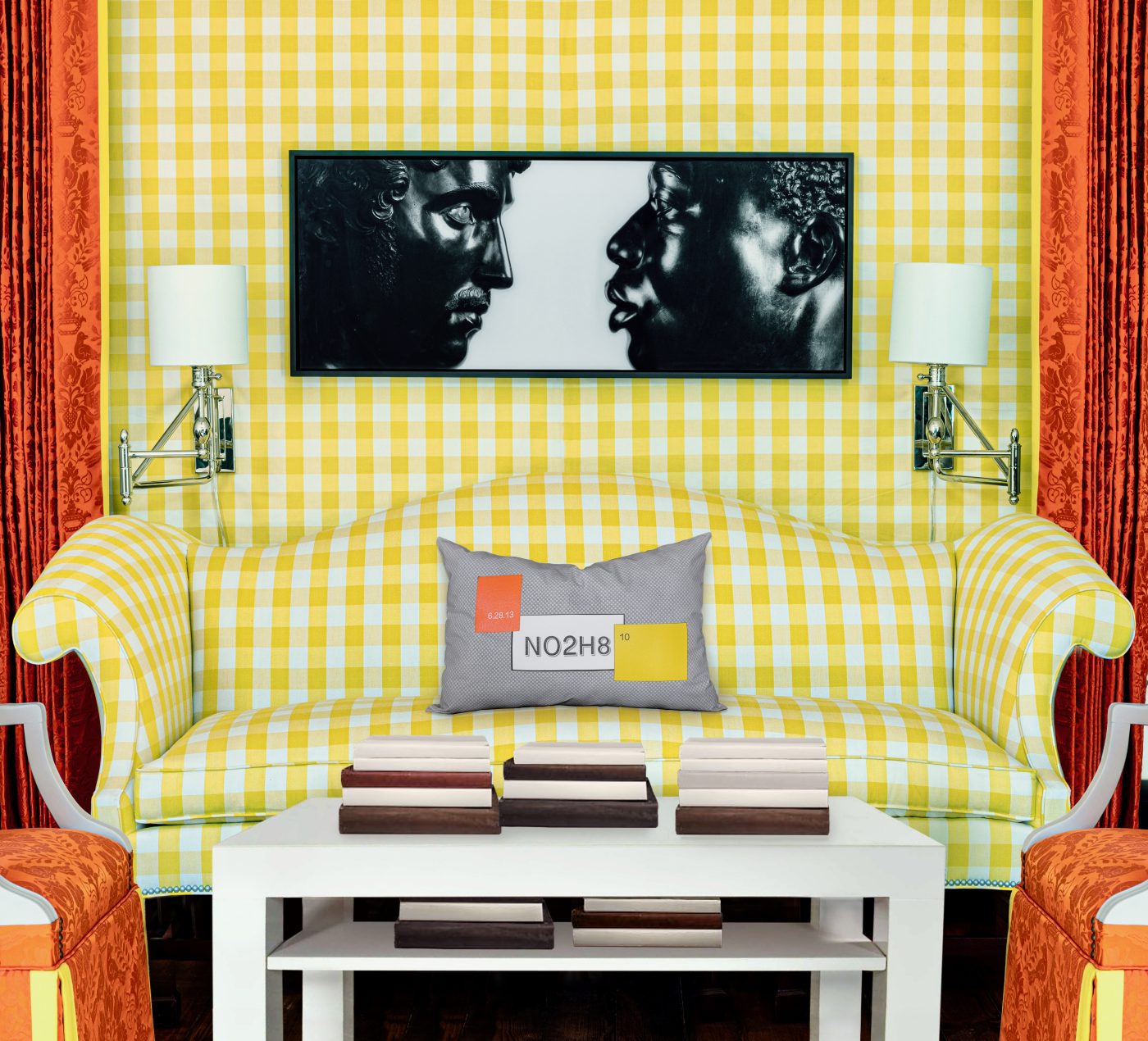 A yellow seating area at Aderton, interior designer Kelee Katillac's historic home in Arrow Rock, Missouri