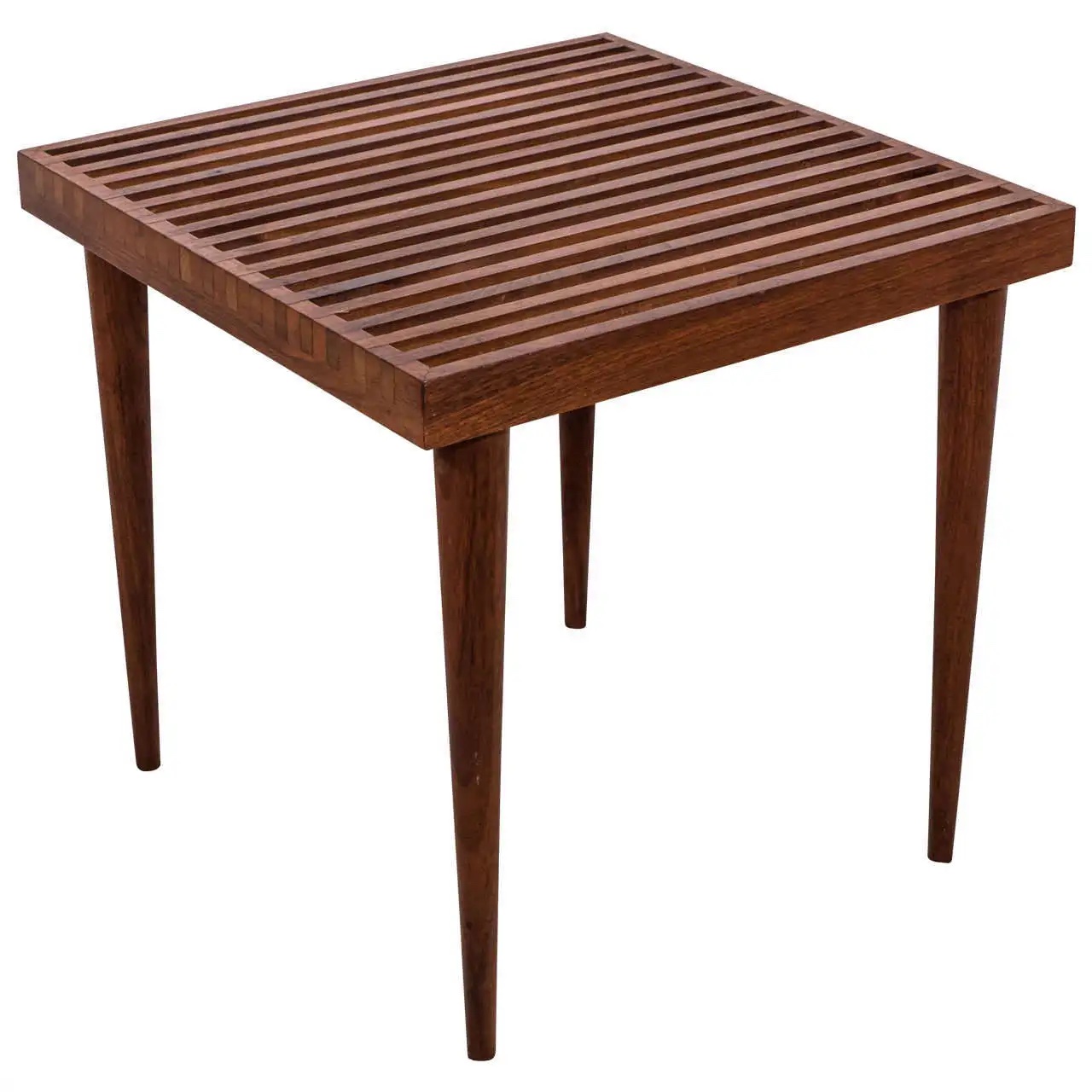 A midcentury-modern slatted-wood side or end table