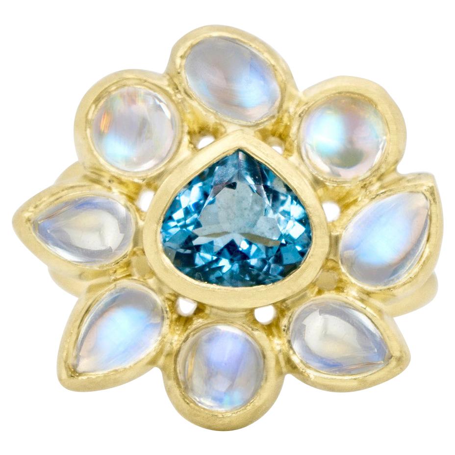 Faye Kim's blue moonstone and Mozambique aquamarine Daisy cocktail ring