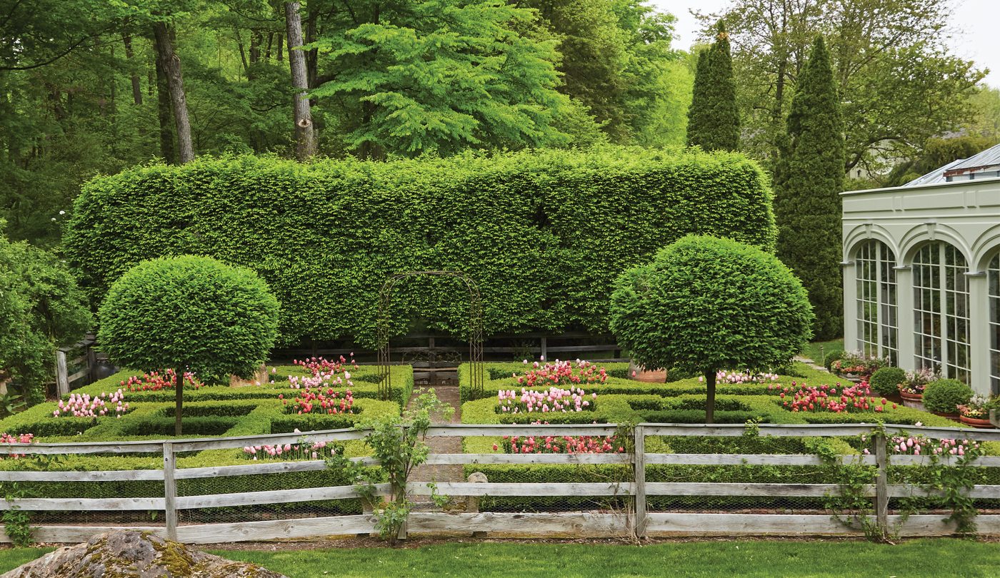 Parterre garden at the country home of interior designer Bunny Williams in northwest Connecticut