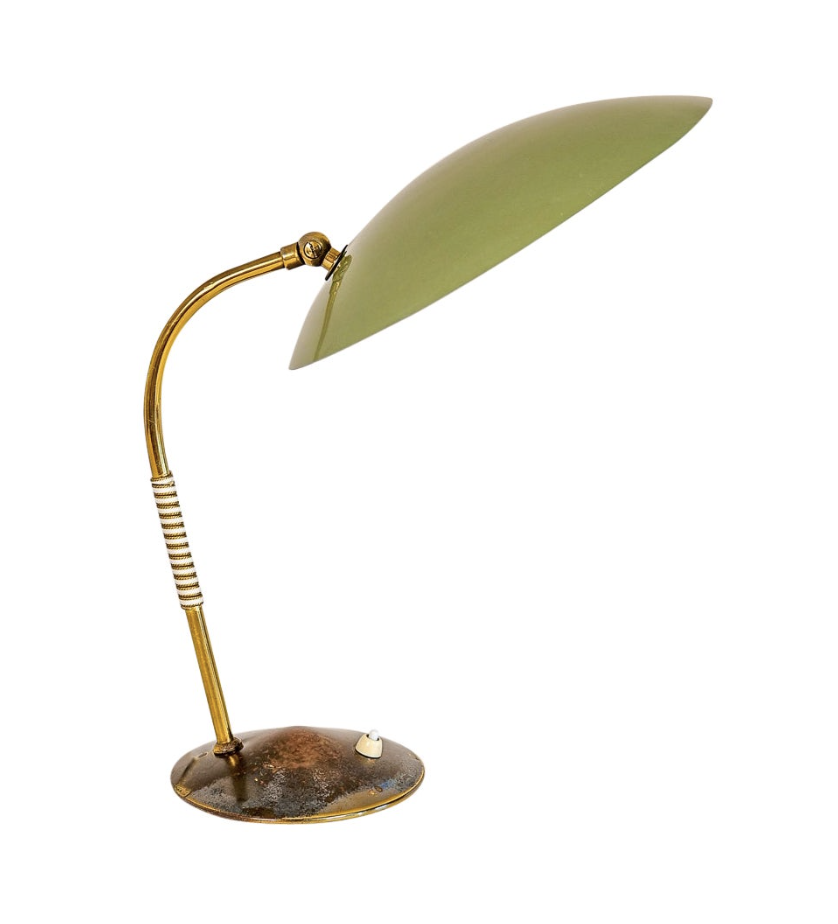 A 1950s task lamp with a saucer-shaped olive-green shade