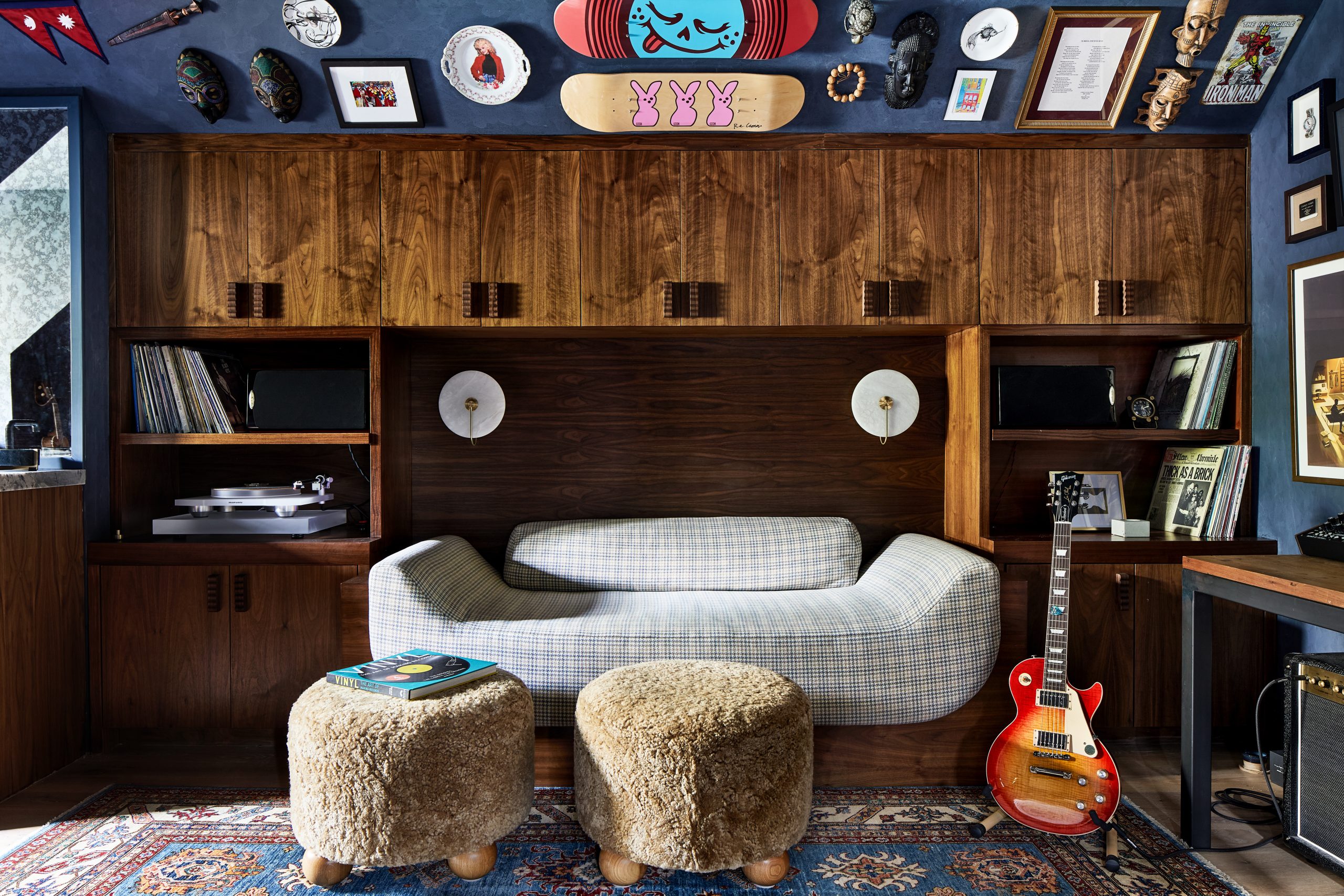 Attic music room man cave of Zoe Feldman designed home in Virginia suburbs of Washington DC