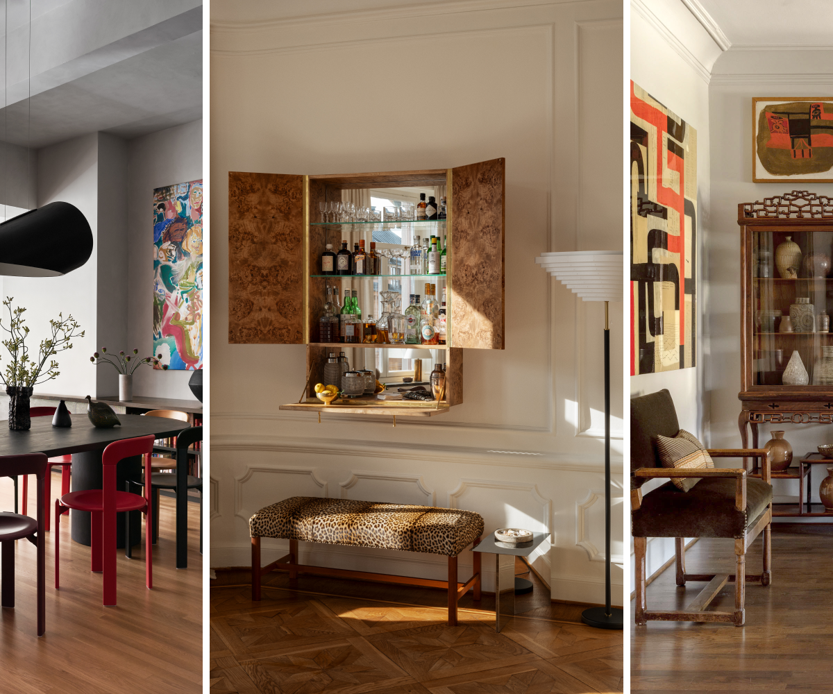 From left: The dining room of an MKCA/Michael K. Chen Architecture project in Manhattan; the bar area of interior designer Claes Dalén's own apartment in Stockholm; a corner of the living room in interior designer Tim Pfeiffer's own Seattle apartment