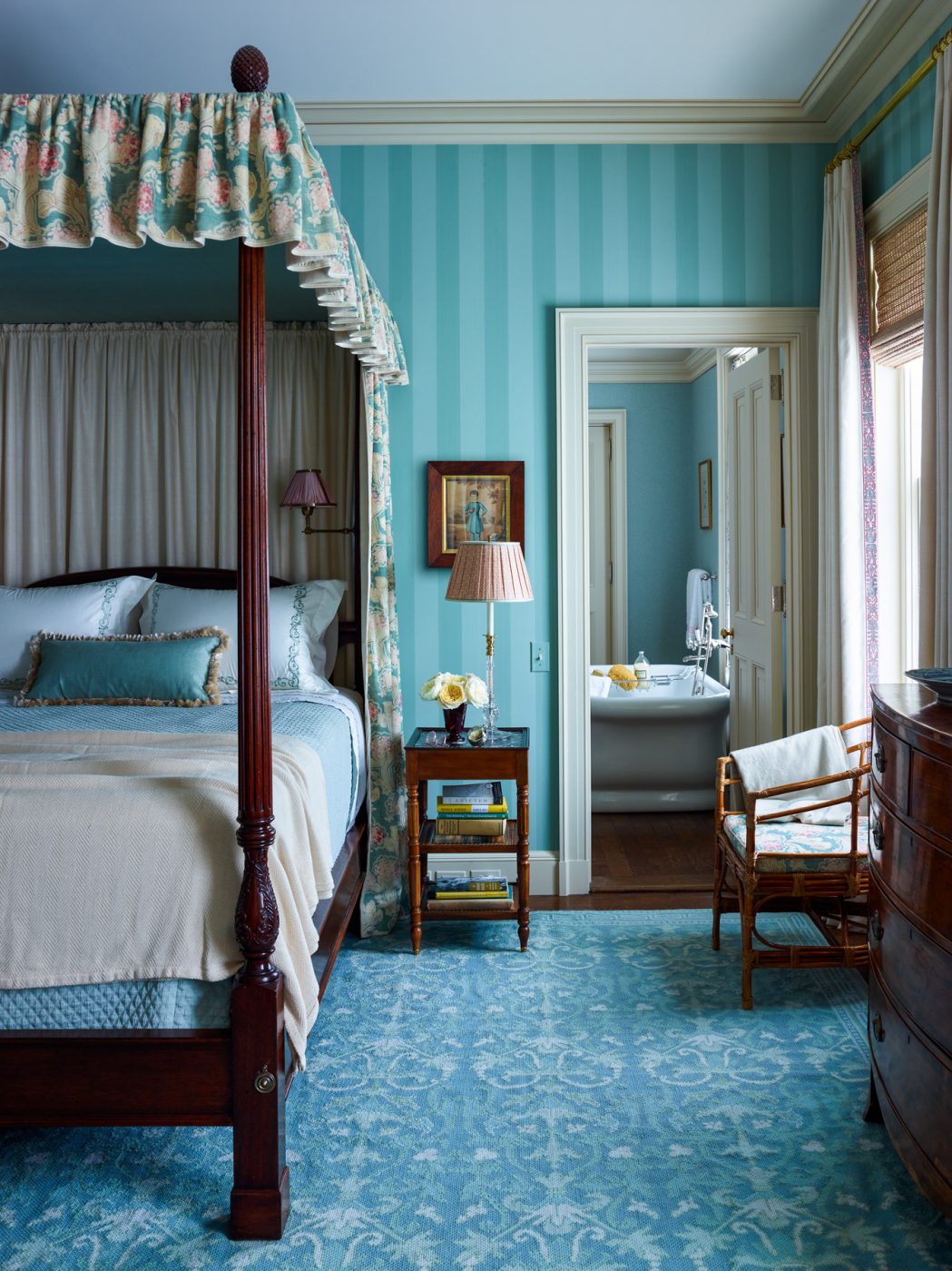 Primary bedroom in Dutchess County New York Regency-style home by architect Gil Schafer III in his new book Home at Last: Enduring Design for the New American Home Rizzoli publisher written with Mark Kristal Thomas Jayne interior design