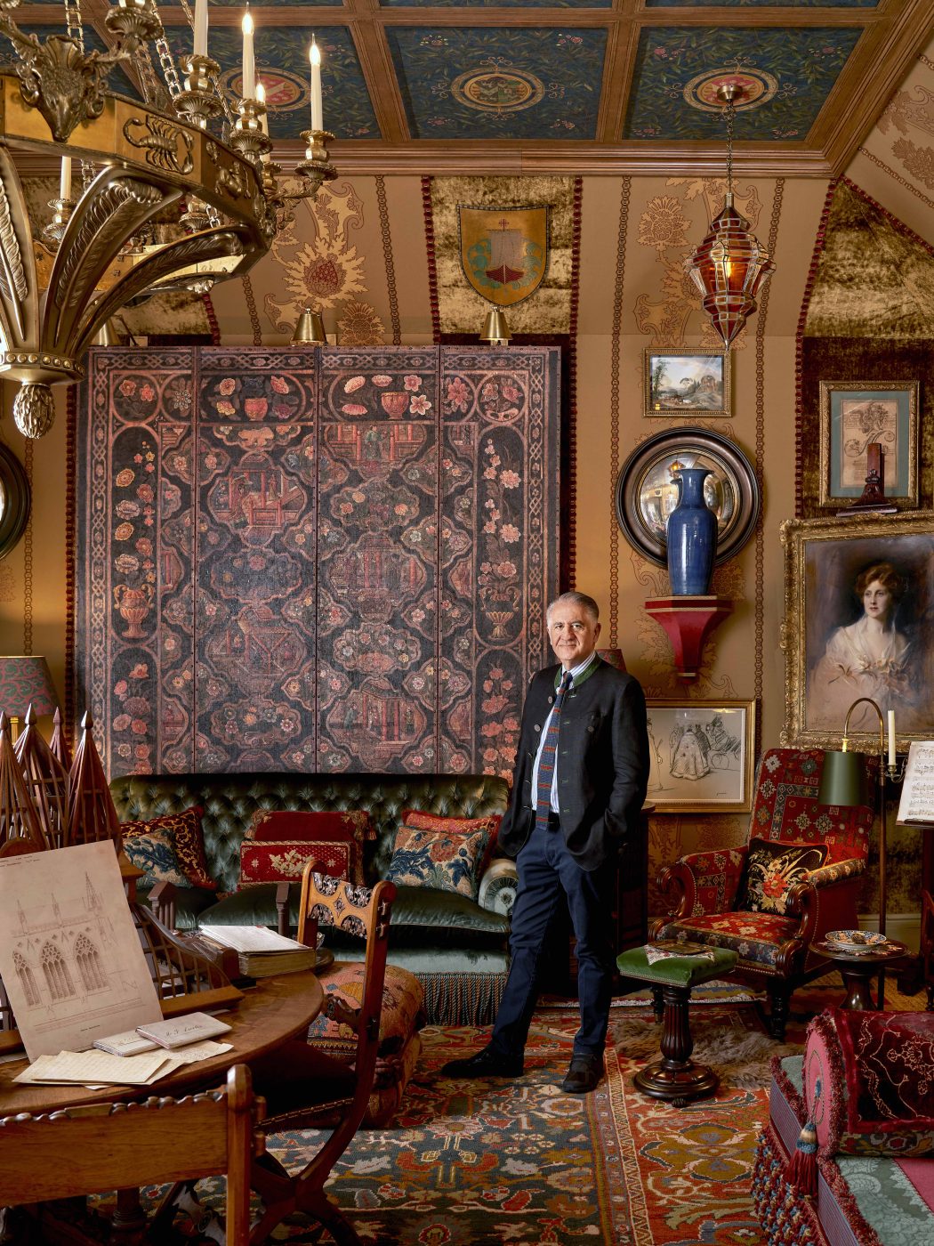 Alidad in his maximalist Legend Room at WOW!house in London.