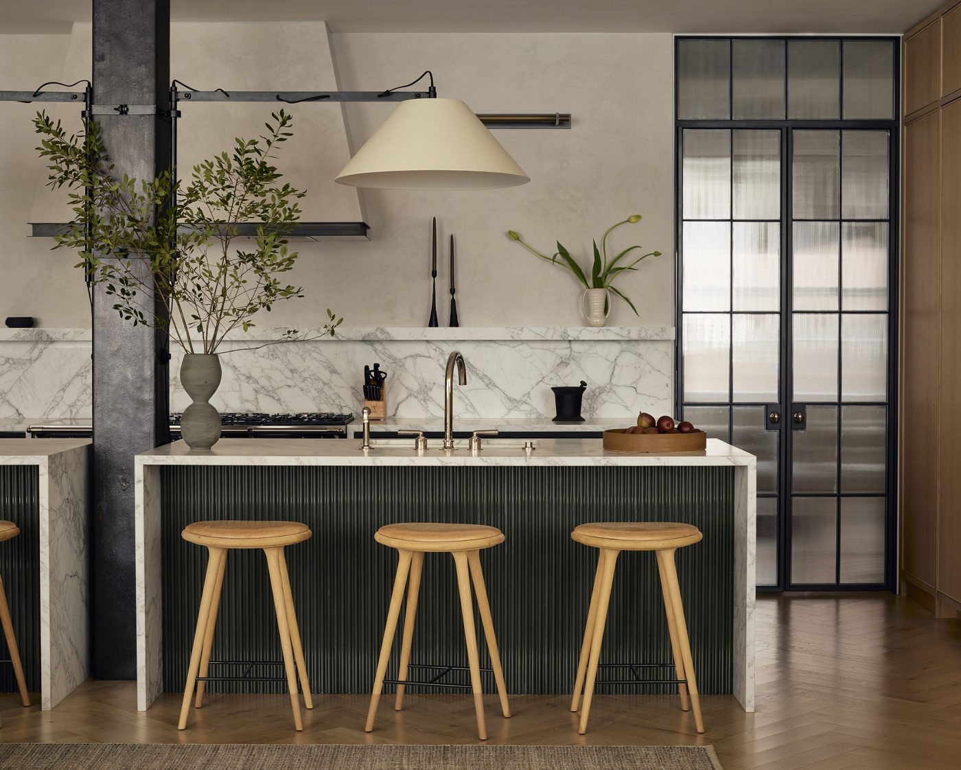 Kitchen of a duplex loft apartment in New York City's Tribeca neighborhood that interior designer David Frazier designed 