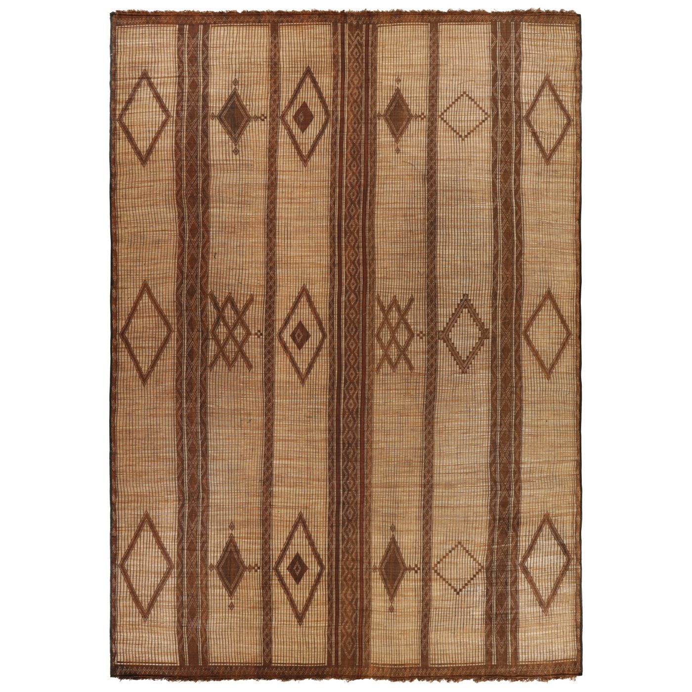A mid-century Moroccan Tuareg mat in tan and dark brown with diamond patterns