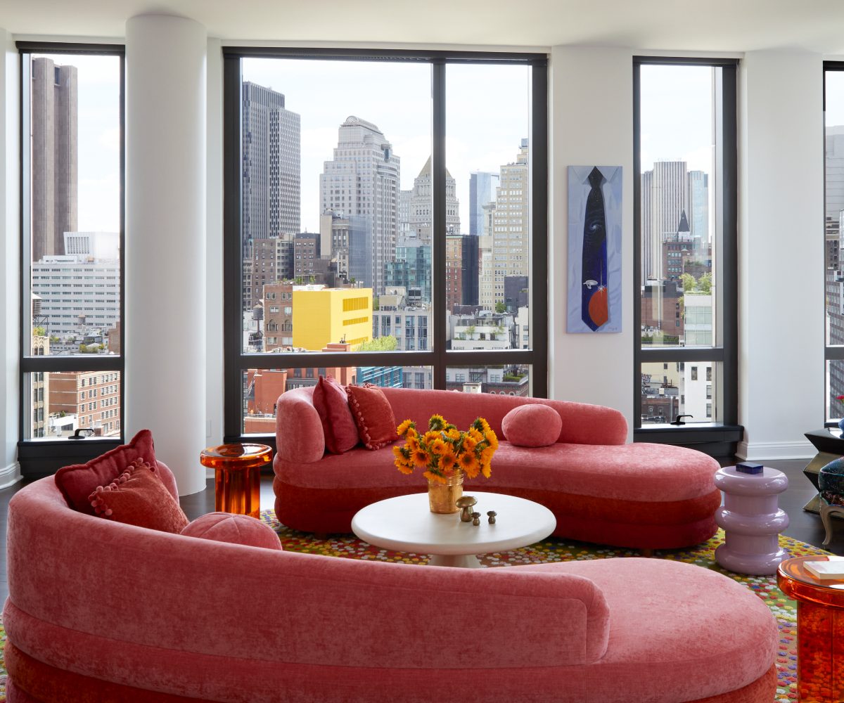 Living room of "Picnic in the Sky"-themed Tribeca New York City apartment by interior designer Harry Heissmann