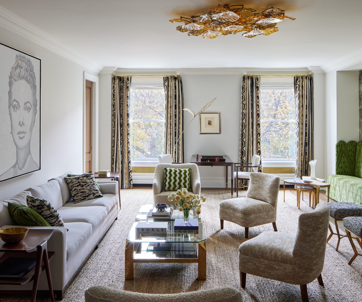 Living room of Fifth Avenue New York Manhattan apartment by interior designer Janine Carendi MacMurray portrait