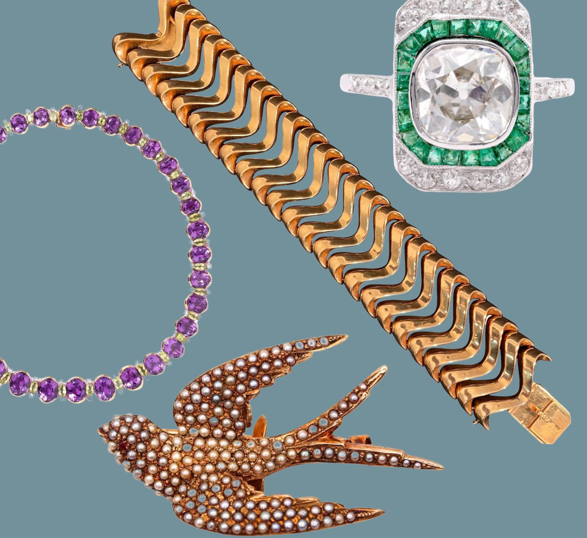 Amethyst, Peridot and Diamond, ca. 1980; Gold and pearl Flying Dove Brooch, 1880; Wide Articulated Bracelet in 18-Karat Rose Gold, 1940s-1950s; 2.11-carat Old Mine Cut Diamond and Emerald Platinum ring, 1920;