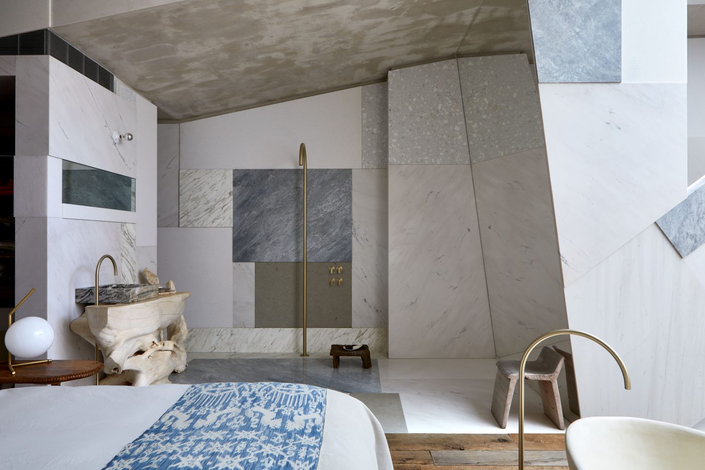 The massive open shower  in the Soho loft of Andrianna Shamaris