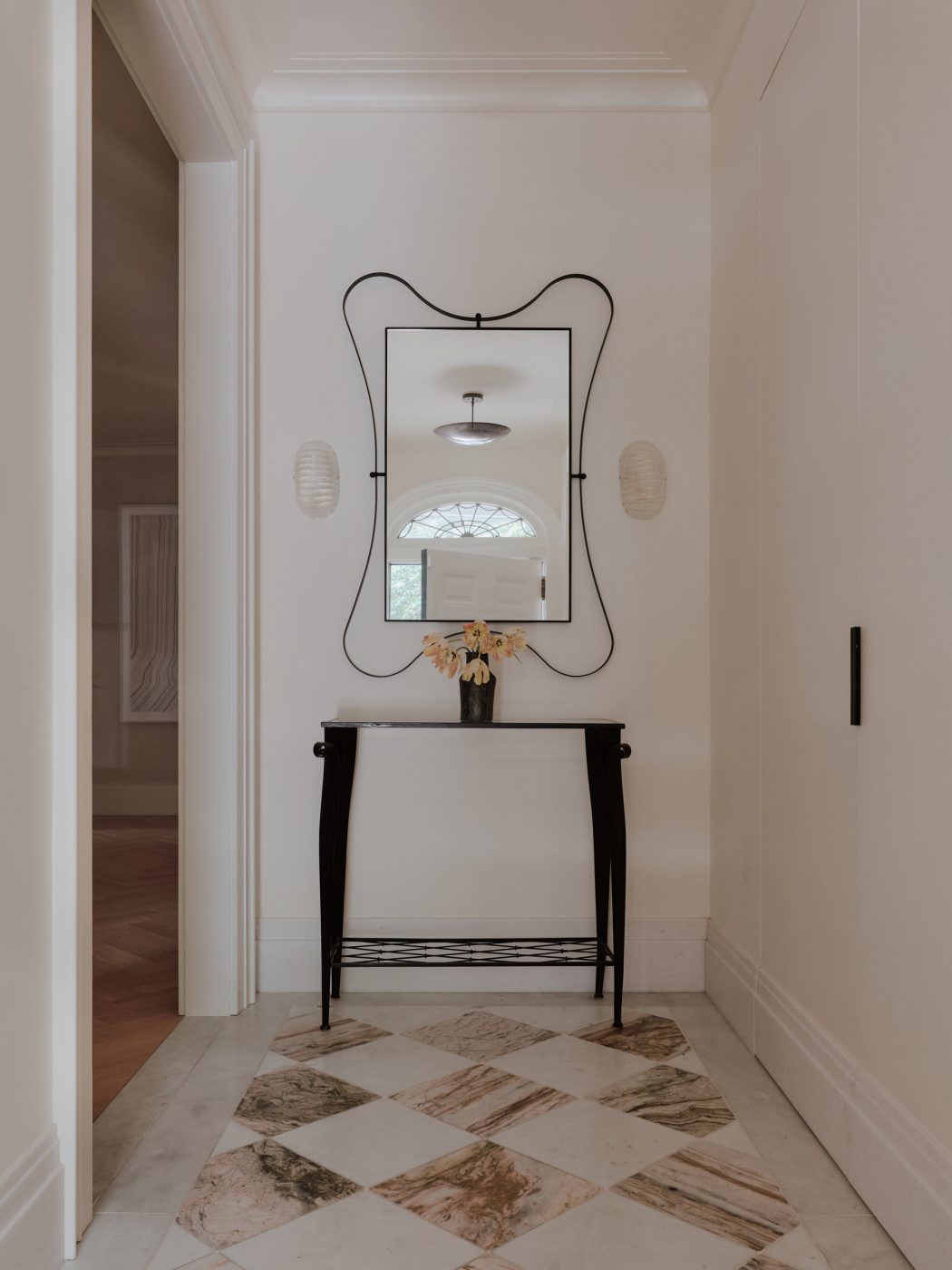 entry mudroom of maisonette on Park Avenue Manhattan Upper East Side decorated by Beaudry Collier Designs 