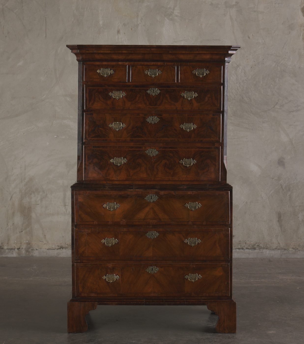 A George III walnut chest on chest at Los Angeles furniture gallery Blackman Cruz