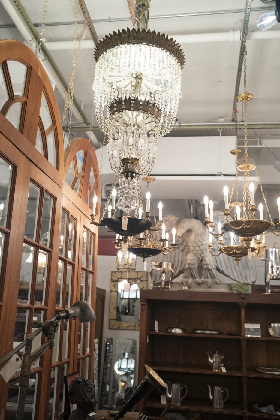 A display of chandeliers at Olde Good Things
