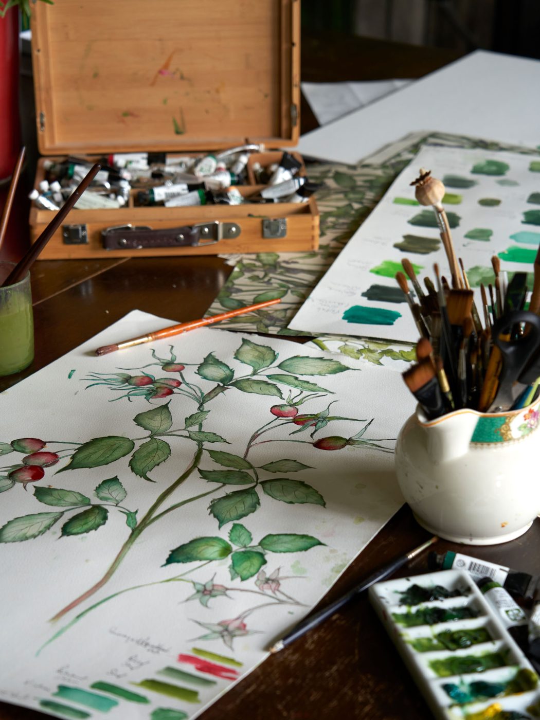 In progress botanical watercolor by Caryn Hibbert founder and designer of Thyme countryside hotel in England's Cotswolds for her Bertioli line of textiles and wallpapers