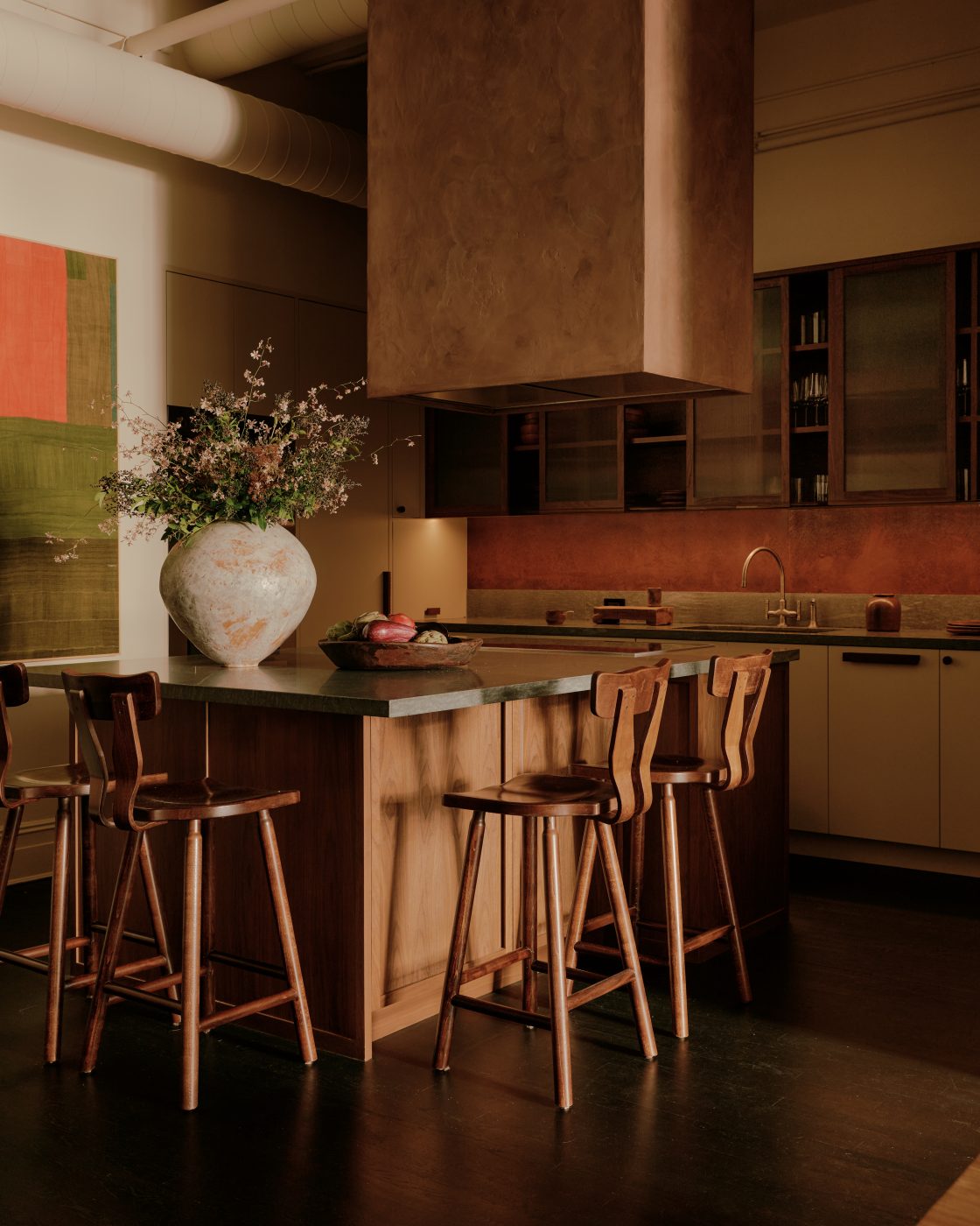 kitchen island of Flatiron District loft in New York City Manhattan designed by Lauren Garrett's firm LP Creative