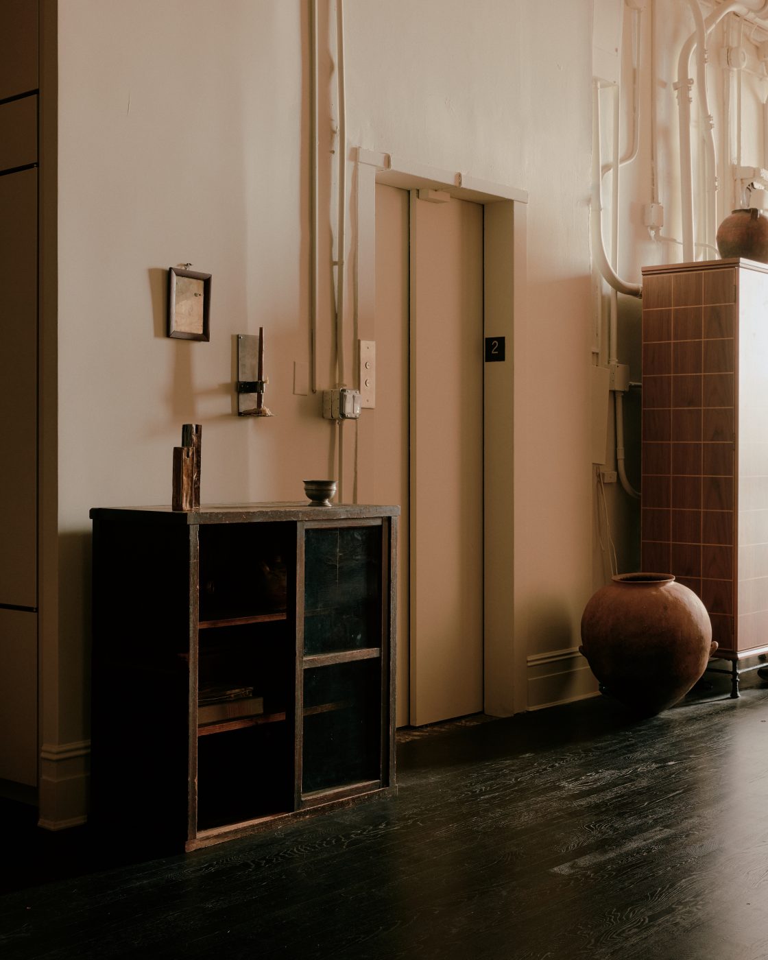 Elevator entryway of Flatiron District loft in New York City Manhattan designed by Lauren Garrett's firm LP Creative