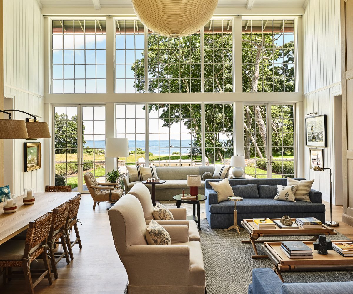 Living and dining area of a Maine coast home designed by Gray Davis and Will Meyer of the studio Meyer Davis