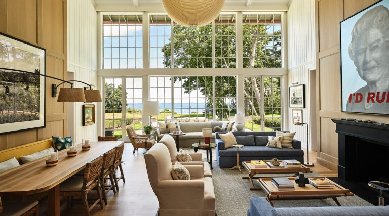 Living and dining area of a Maine coast home designed by Gray Davis and Will Meyer of the studio Meyer Davis