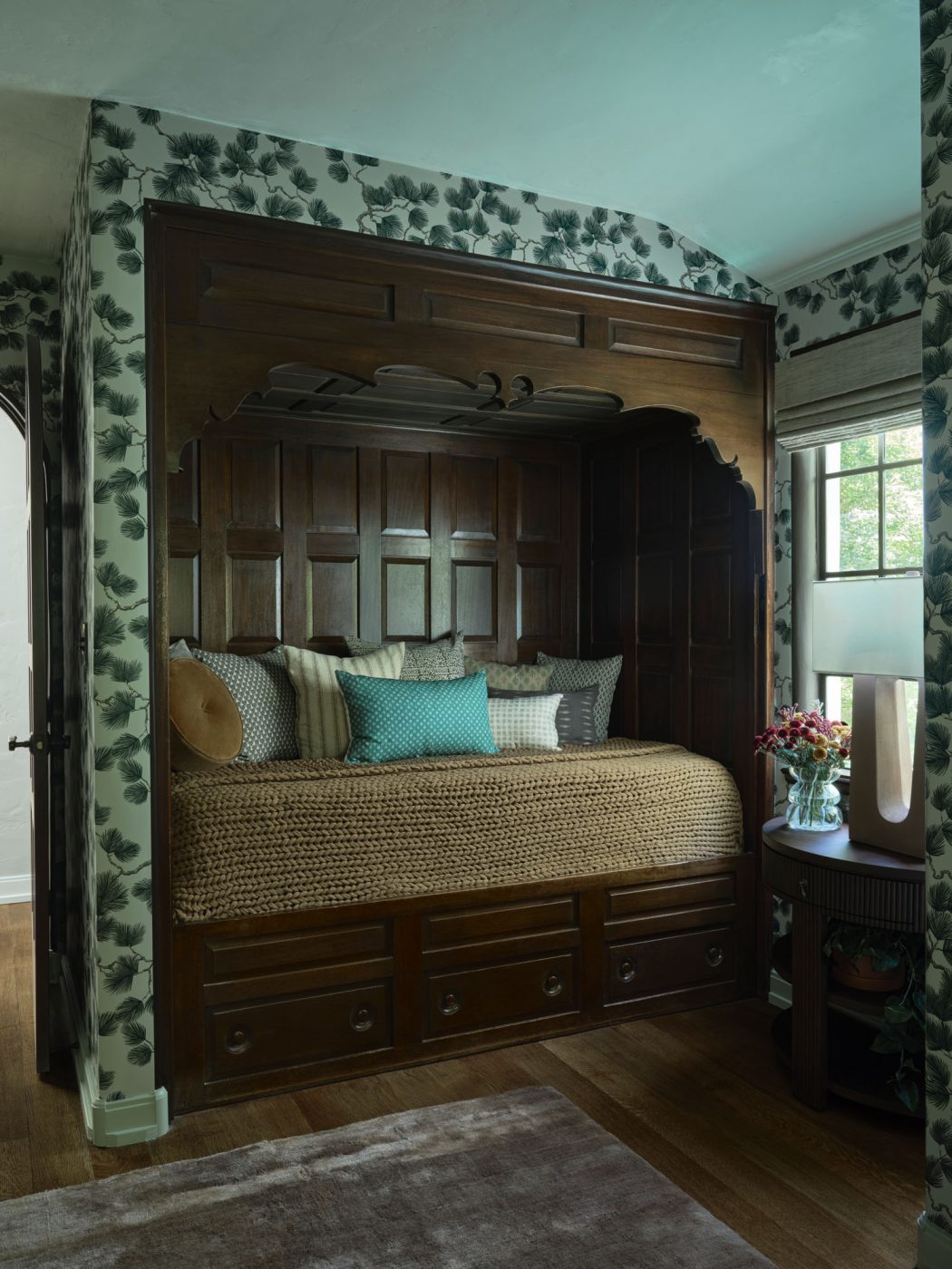 Bedroom with pine bough wallpaper around built-in dark wood bed alcove in Palo Alto Silicon Valley California Mediterranean house designed by Mandy Cheng