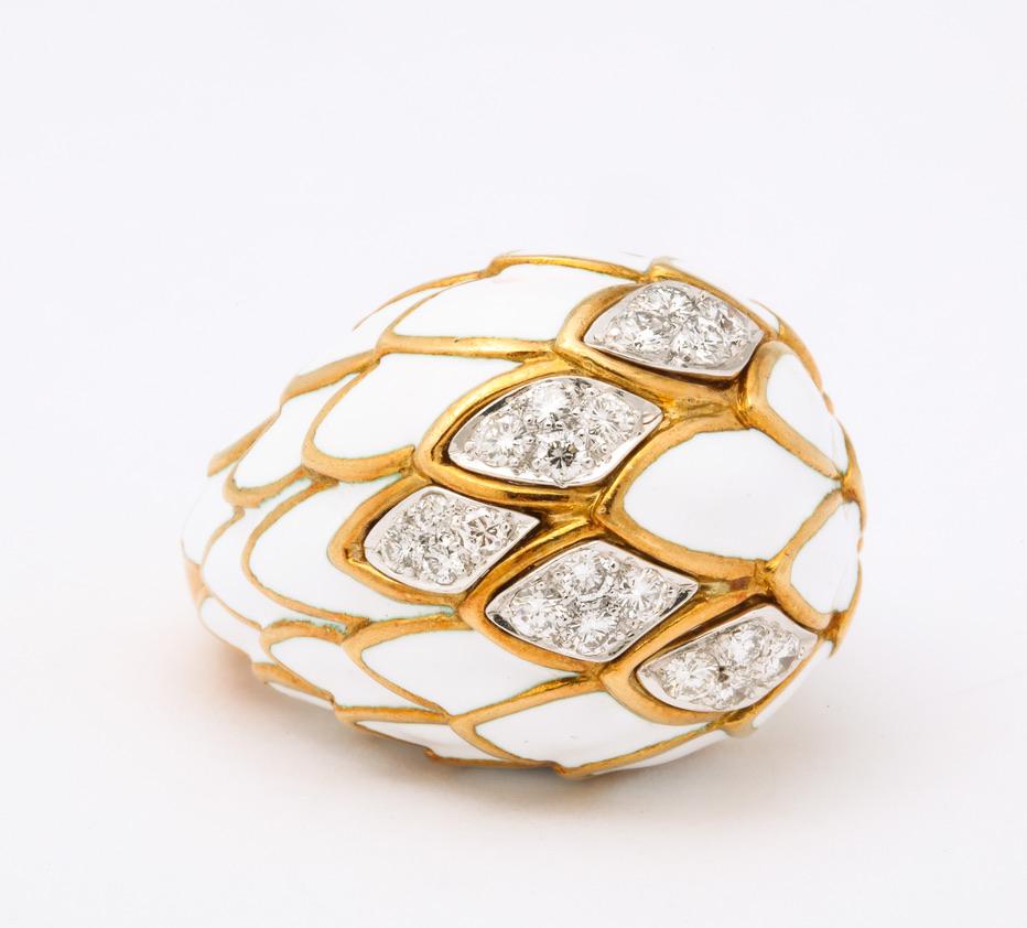 David Webb White Enamel Diamond Ring, ca. 1970